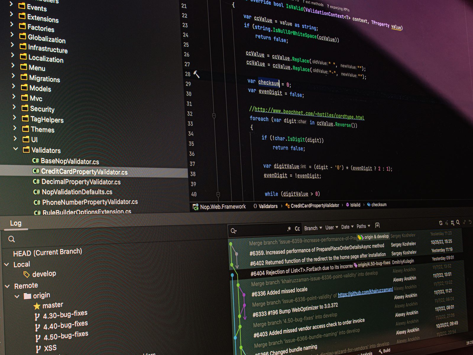 Um IDE com o painel do log do Git aberto, a mostrar o histórico de ramos e as mensagens de commit