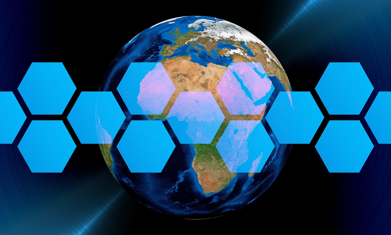 A globe overlaid with networked hexagonal nodes representing a worldwide network