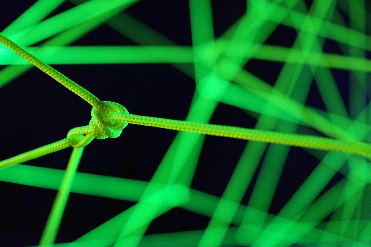 Bright green cords connected at knots, forming an abstract network.